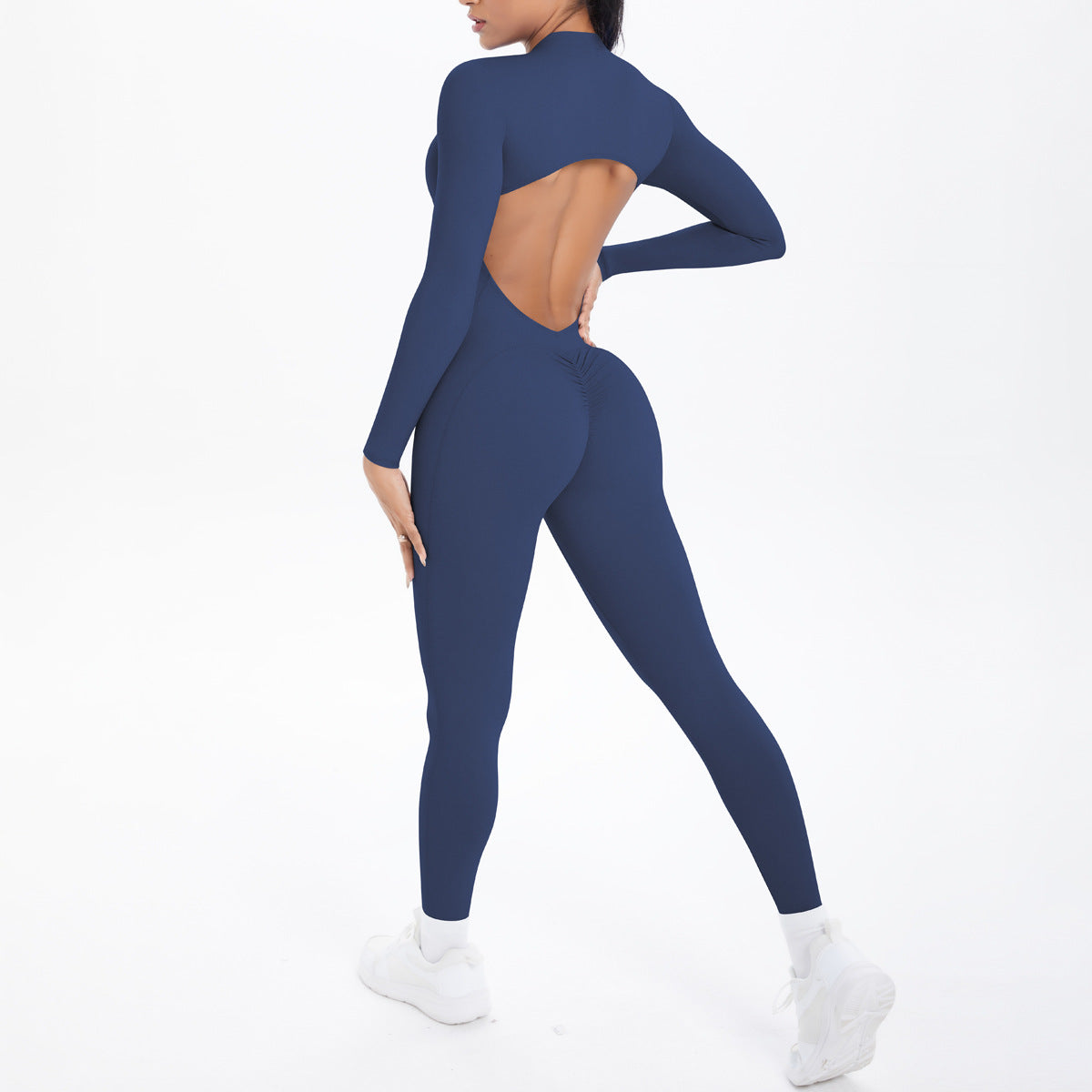 Style Half-Zip Yoga Jumpsuit, Bare-Skin Feel Slim Fit High Elastic Fitness Long Sleeve Long Pants Yoga Wear