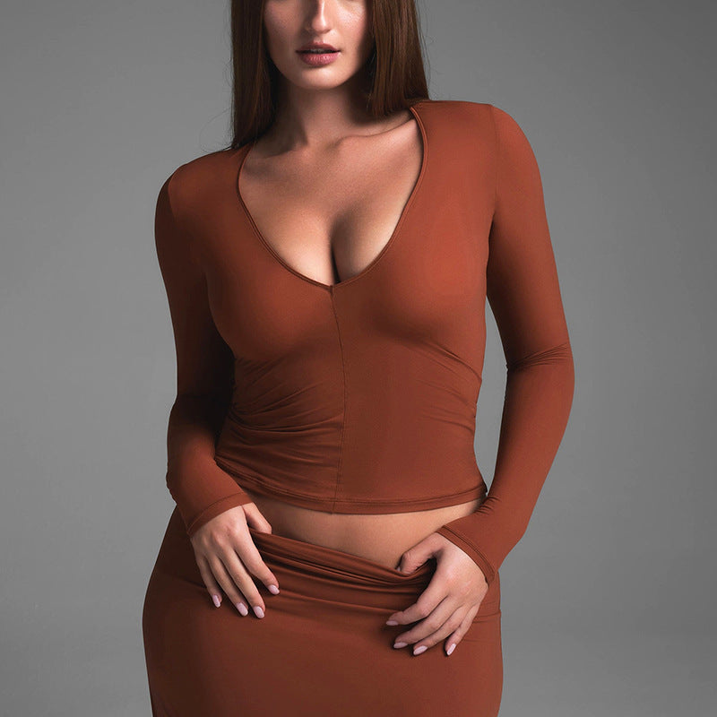 Sexy Fitted U-Neck Long Sleeve T-Shirt High Elasticity Basic Top for Women