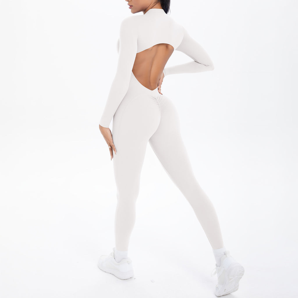Style Half-Zip Yoga Jumpsuit, Bare-Skin Feel Slim Fit High Elastic Fitness Long Sleeve Long Pants Yoga Wear