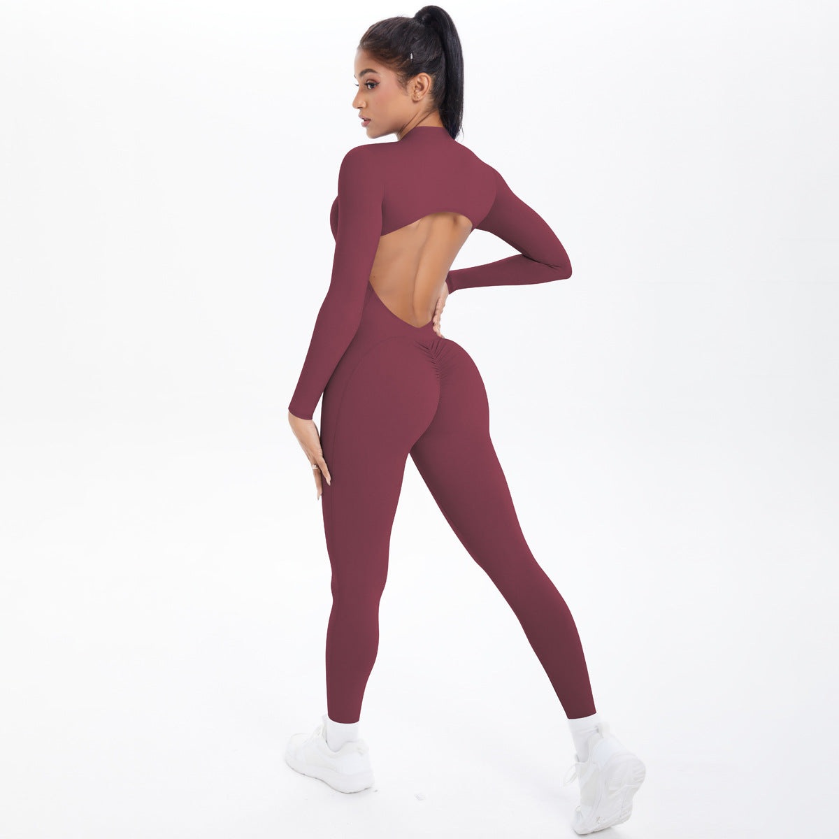 Style Half-Zip Yoga Jumpsuit, Bare-Skin Feel Slim Fit High Elastic Fitness Long Sleeve Long Pants Yoga Wear
