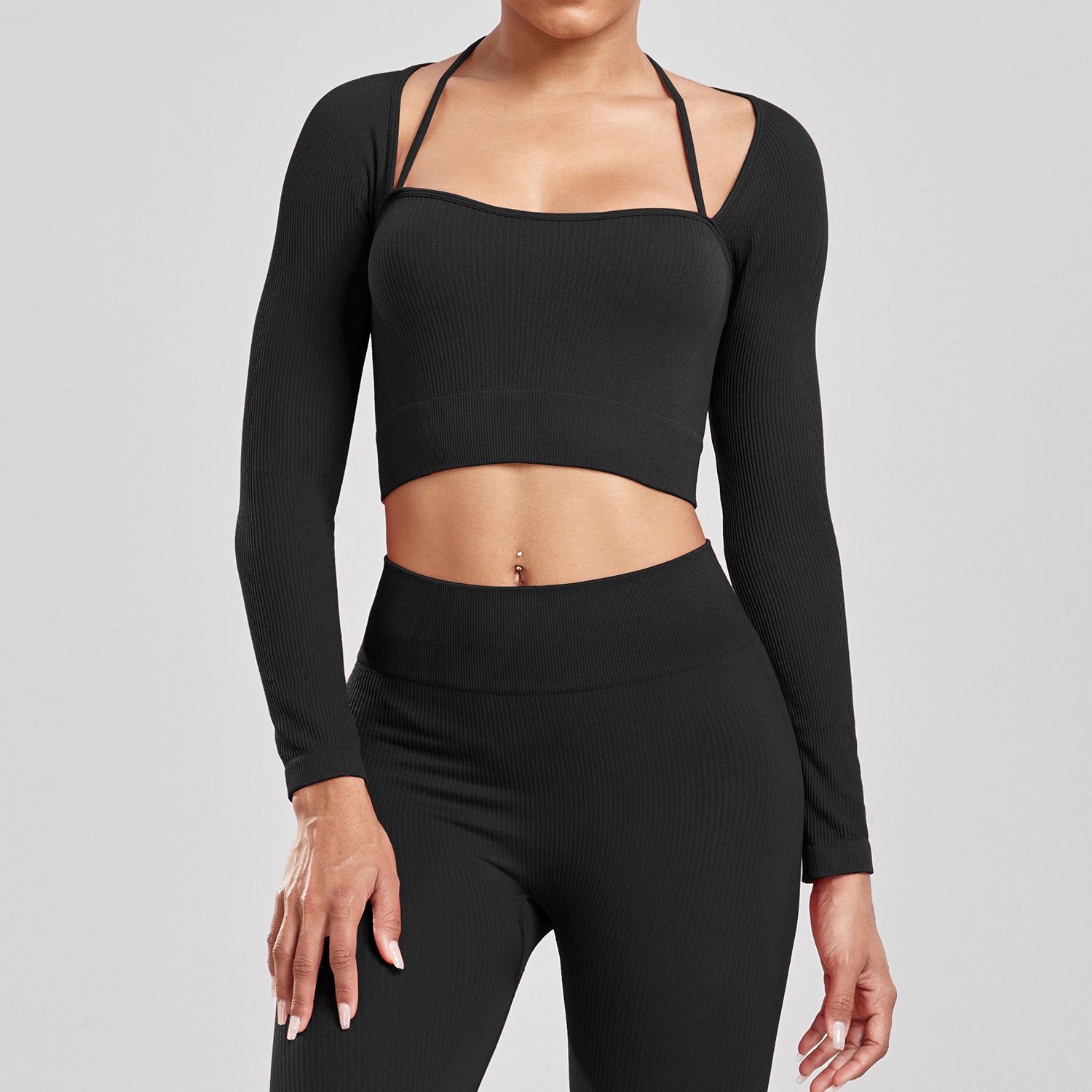 Sports Running Seamless Ribbed Long Sleeve Yoga Fitness Set, Bodycon High-Waisted Backless T-Shirt, Quick-Dry Workout Apparel