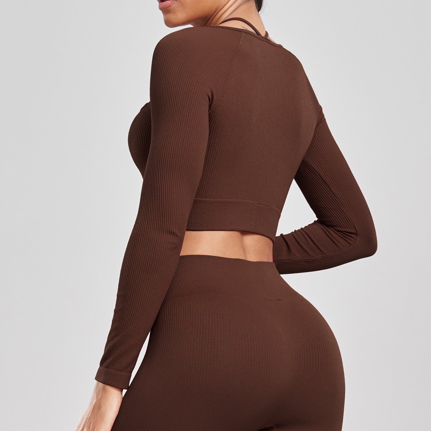 Sports Running Seamless Ribbed Long Sleeve Yoga Fitness Set, Bodycon High-Waisted Backless T-Shirt, Quick-Dry Workout Apparel