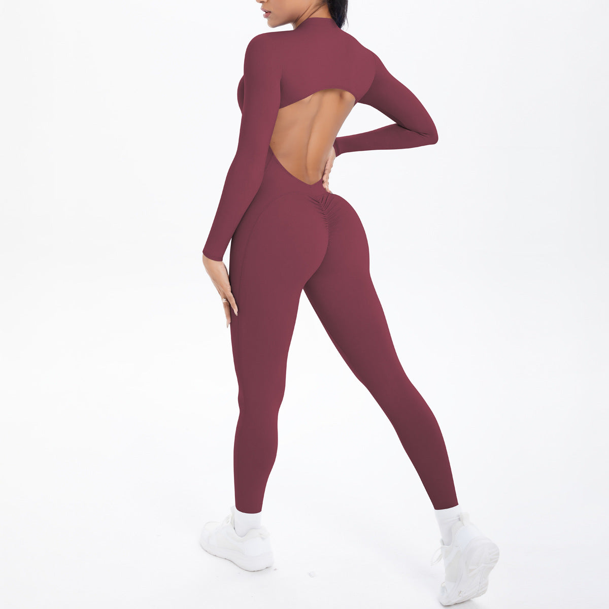 Style Half-Zip Yoga Jumpsuit, Bare-Skin Feel Slim Fit High Elastic Fitness Long Sleeve Long Pants Yoga Wear