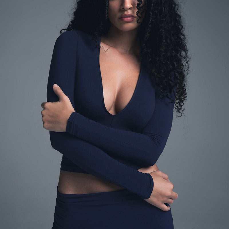 Sexy Fitted U-Neck Long Sleeve T-Shirt High Elasticity Basic Top for Women