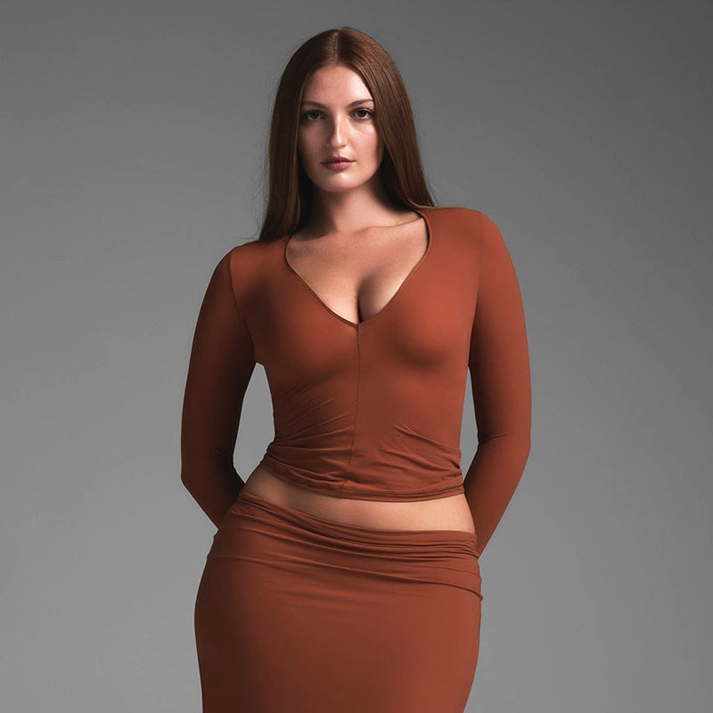Sexy Fitted U-Neck Long Sleeve T-Shirt High Elasticity Basic Top for Women