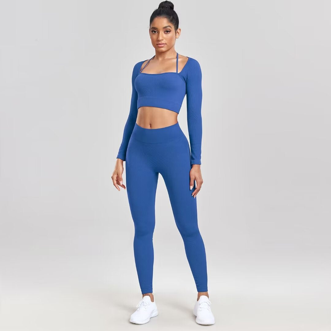 Sports Running Seamless Ribbed Long Sleeve Yoga Fitness Set, Bodycon High-Waisted Backless T-Shirt, Quick-Dry Workout Apparel