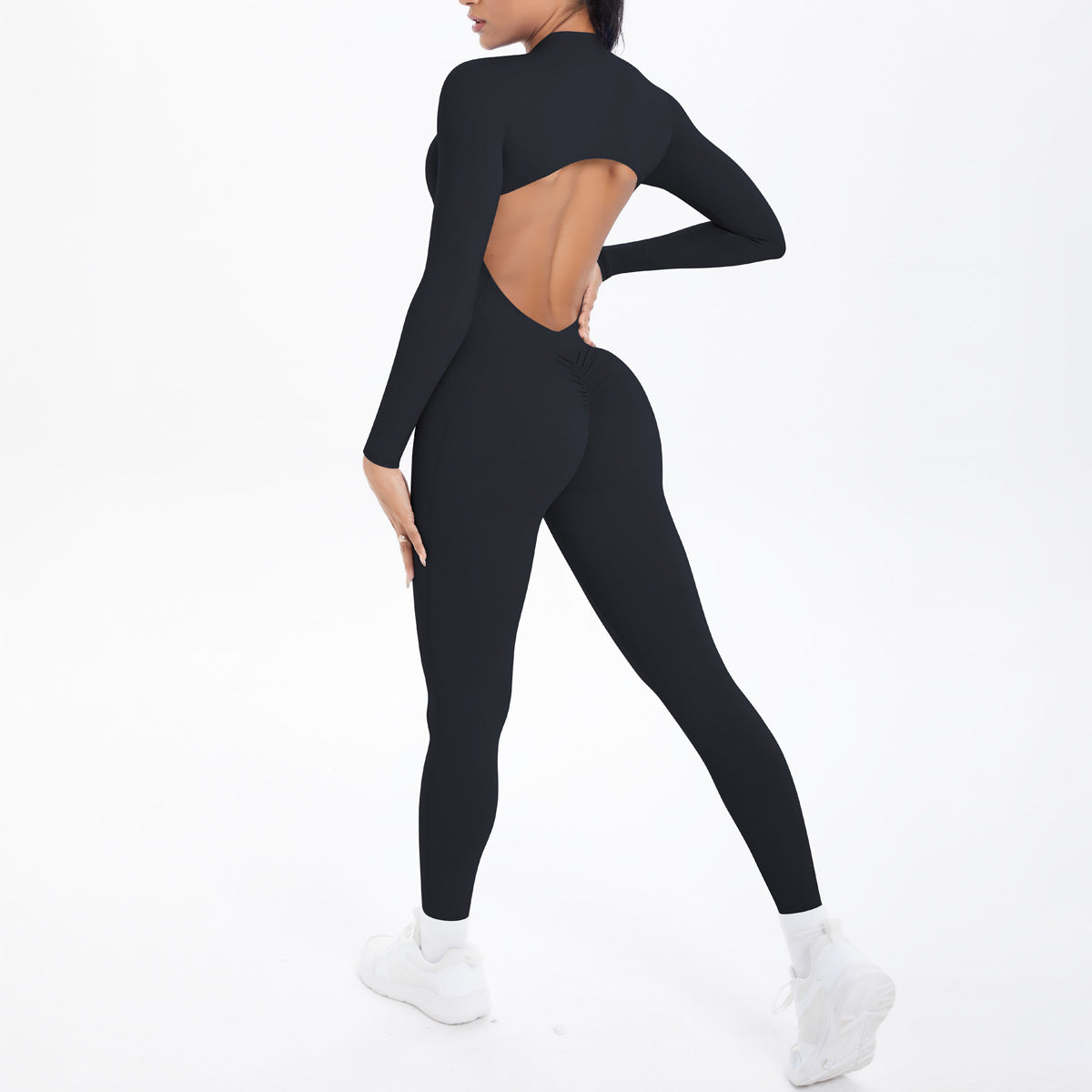 Style Half-Zip Yoga Jumpsuit, Bare-Skin Feel Slim Fit High Elastic Fitness Long Sleeve Long Pants Yoga Wear
