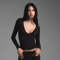Sexy Fitted U-Neck Long Sleeve T-Shirt High Elasticity Basic Top for Women