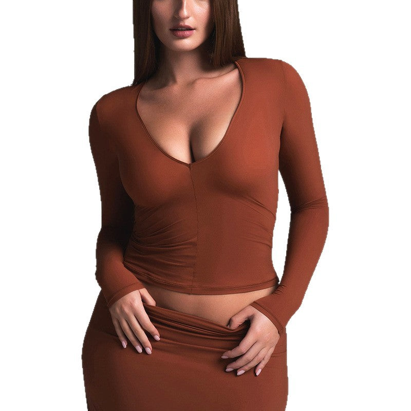 Sexy Fitted U-Neck Long Sleeve T-Shirt High Elasticity Basic Top for Women