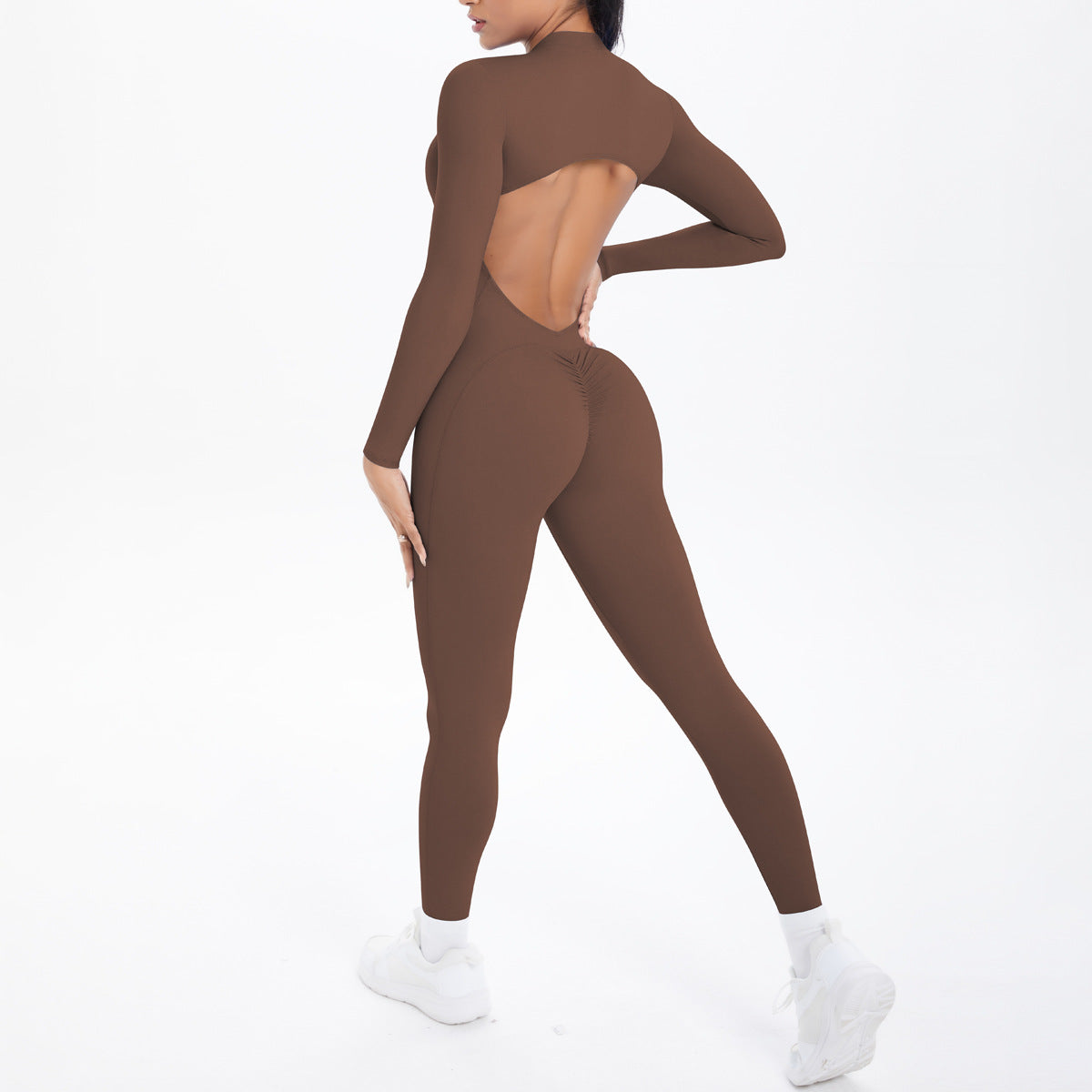 Style Half-Zip Yoga Jumpsuit, Bare-Skin Feel Slim Fit High Elastic Fitness Long Sleeve Long Pants Yoga Wear